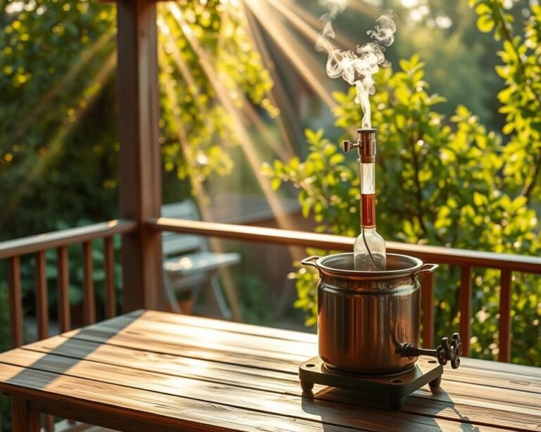 Destilação simples de hidromel na varanda