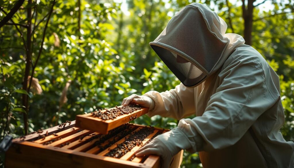 A beekeeper in protective gear carefully inspecting a beehive, examining the frames for signs of health and activity. The hive is positioned in a lush, verdant garden setting, with natural light filtering through the trees. The beekeeper's face is focused, their movements deliberate, as they meticulously check the condition of the colony. The scene conveys a sense of diligence, responsibility, and a deep connection to the natural world. The composition captures the importance of regular hive inspections, emphasizing the need for attentive monitoring to ensure the well-being of the bee population. A beekeeper in protective gear carefully inspecting a beehive, examining the frames for signs of health and activity. The hive is positioned in a lush, verdant garden setting, with natural light filtering through the trees. The beekeeper's face is focused, their movements deliberate, as they meticulously check the condition of the colony. The scene conveys a sense of diligence, responsibility, and a deep connection to the natural world. The composition captures the importance of regular hive inspections, emphasizing the need for attentive monitoring to ensure the well-being of the bee population.