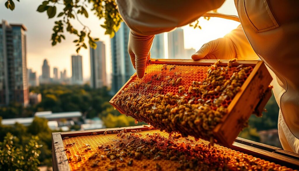 A beekeeping apiary in an urban setting, with a beekeeper carefully extracting propolis from a honeycomb frame. The scene is bathed in soft, warm lighting, highlighting the golden hues of the beeswax and the rich, resinous texture of the propolis. The beekeeper wears a protective suit, their gloved hands delicately manipulating the frame to maximize the propolis yield. In the background, a cityscape of modern high-rises and lush green spaces creates a harmonious contrast, underscoring the integration of nature and urban life. The overall atmosphere conveys the skill, care, and dedication required to responsibly harvest this valuable natural product from an urban apiary.