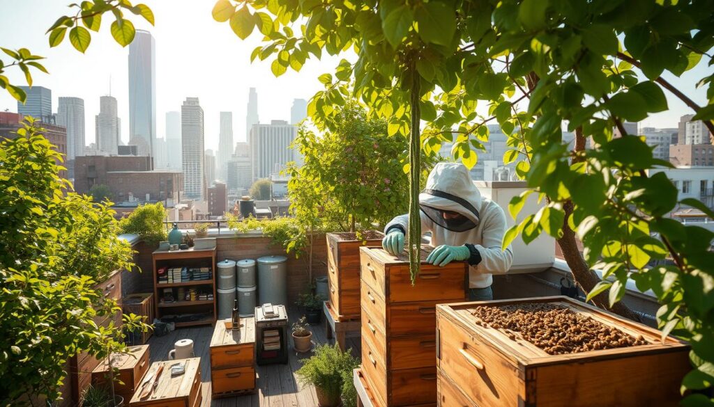A bustling urban rooftop, filled with vibrant green foliage and wooden beehives. Sunlight filters through the leaves, casting a warm, golden glow. In the foreground, a beekeeper clad in a protective suit carefully inspects the hive, examining the activity of the industrious insects. In the middle ground, a small apiary workshop with shelves of equipment and tools. In the background, the cityscape rises, a blend of towering skyscrapers and older architectural structures. The scene conveys a sense of harmony between nature and the urban environment, highlighting the challenges and opportunities of urban beekeeping in the year 2025.
