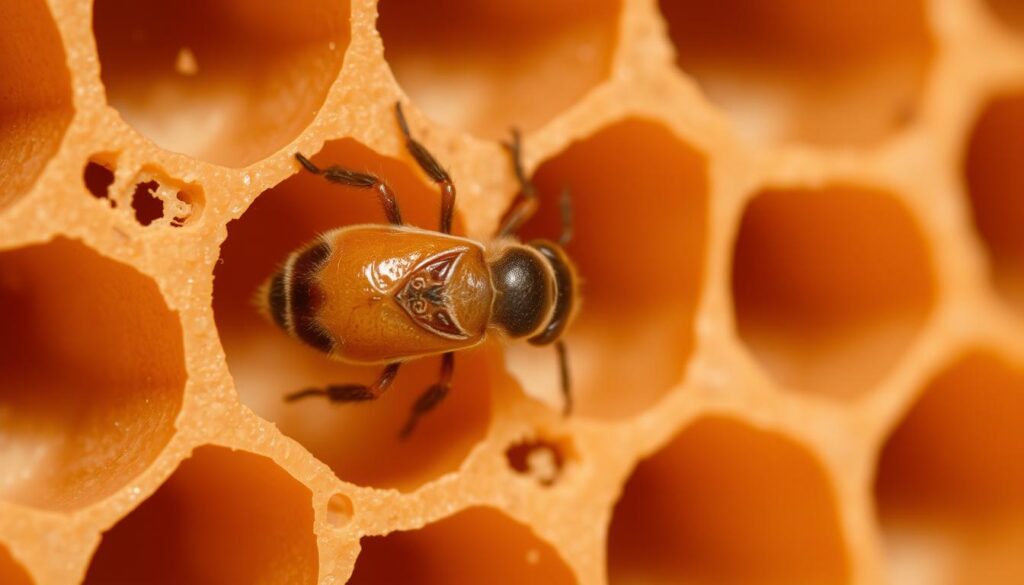 A close-up view of a Varroa destructor mite clinging to the surface of a honeycomb in a beehive. The mite's oval-shaped body, with its distinctive red-brown coloration and segmented legs, is rendered in vivid detail. The comb's intricate hexagonal structure provides a natural, textured background, highlighting the mite's parasitic presence. Soft, even lighting illuminates the scene, conveying a sense of scientific study. The camera angle is slightly elevated, allowing the viewer to observe the mite's behavior and its potential impact on the health of the hive.