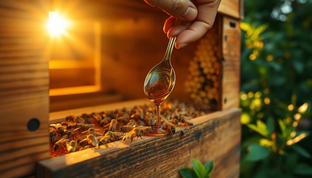 A close-up view of a beekeeper's hand gently placing a honeycomb frame into a beehive. Warm, golden sunlight filters through the entrance, casting a soft, natural glow. In the foreground, a spoonful of sweet, amber-colored liquid honey is being carefully dripped onto the comb, attracting a cluster of industrious honeybees. The hive's exterior is weathered wood, blending seamlessly with the lush, verdant foliage of the surrounding garden. The scene evokes a sense of peaceful, harmonious coexistence between humans and their winged pollinators.
