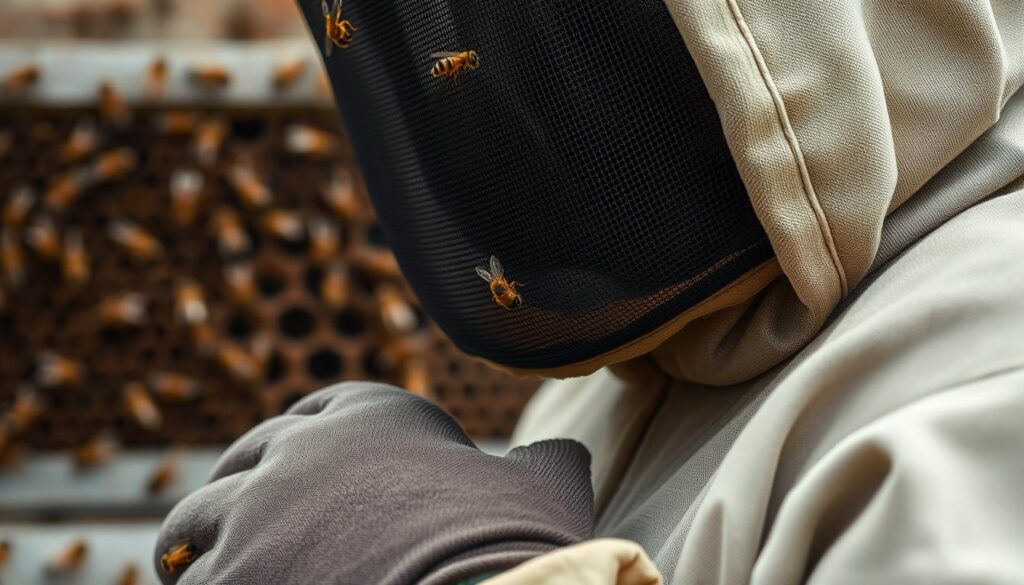 A close-up view of a beekeeper's protective gear, including a veil, gloves, and thick clothing, against a blurred backdrop of a beehive and buzzing bees. The gear is made of durable, breathable fabric in muted colors to blend with the natural environment. Soft, diffused lighting illuminates the intricate details of the mesh veil and the textured fabric, conveying a sense of care and preparation. The overall composition emphasizes the importance of proper protection for the beekeeper, ensuring their safety while working in the hive.