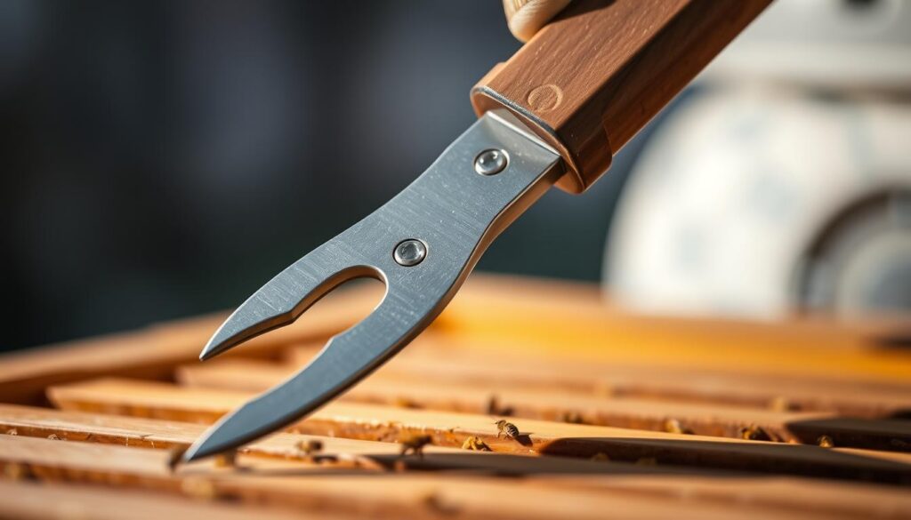 A closeup view of a beekeeping tool perfectly suited for a specific task, such as a specialized hive tool or bee smoker. The tool is crafted with precision, featuring a sleek, ergonomic design and high-quality materials. The lighting accentuates the tool's intricate details, casting subtle shadows that reveal its functional features. The background is blurred, keeping the focus solely on the tool and its intended application within the context of urban beekeeping. The overall mood is one of professionalism, highlighting the importance of selecting the right tool for each unique beekeeping operation.