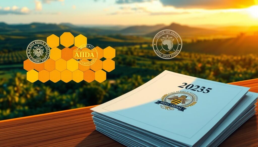 A detailed illustration of the 2025 Brazilian Apiculture Legislation as regulated by MAPA (Ministry of Agriculture, Livestock and Food Supply). In the foreground, a stack of official documents with the MAPA logo, conveying the official and authoritative nature of the new apiculture guidelines. In the middle ground, a stylized honeycomb pattern overlaid with government seals and stamps, symbolizing the regulatory framework. In the background, a panoramic view of lush, green Brazilian landscapes, hinting at the agricultural context. The overall lighting is warm and inviting, with a hint of golden hour glow, evoking a sense of progress and optimism around the updated apiculture laws.