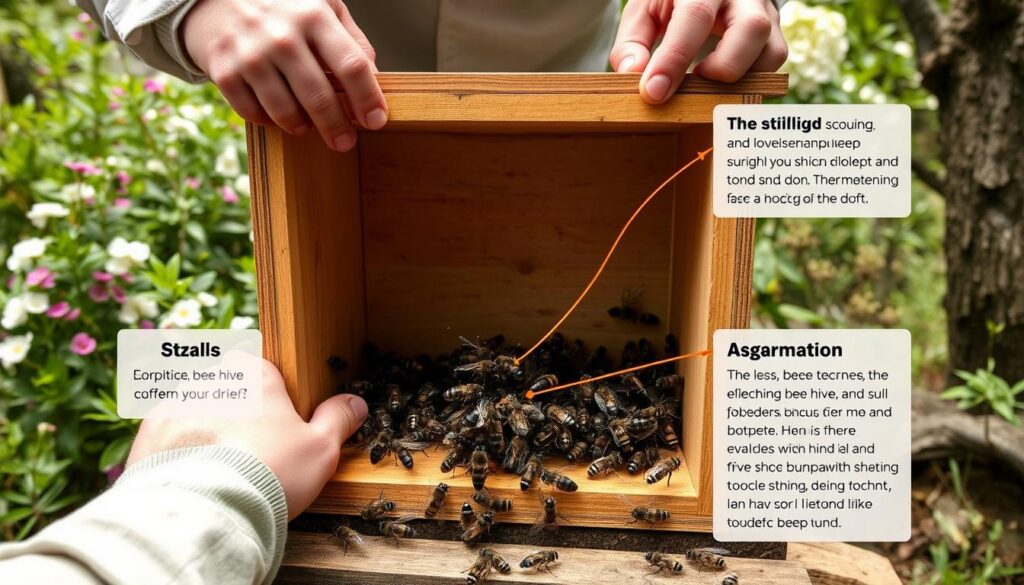 A detailed, step-by-step illustration of assembling a stingless bee hive. In the foreground, a beekeeper's hands carefully interlocking the wooden components of the hive box, with precision and care. In the middle ground, a swarm of stingless bees buzzing around the hive entrance, their small black bodies and fuzzy antennae visible. The background shows a lush, natural setting with flowering plants and trees, creating a serene, rustic atmosphere. The lighting is soft and diffused, highlighting the natural textures of the wood and the bees. The camera angle is slightly elevated, providing a clear, comprehensive view of the assembly process. A detailed, step-by-step illustration of assembling a stingless bee hive. In the foreground, a beekeeper's hands carefully interlocking the wooden components of the hive box, with precision and care. In the middle ground, a swarm of stingless bees buzzing around the hive entrance, their small black bodies and fuzzy antennae visible. The background shows a lush, natural setting with flowering plants and trees, creating a serene, rustic atmosphere. The lighting is soft and diffused, highlighting the natural textures of the wood and the bees. The camera angle is slightly elevated, providing a clear, comprehensive view of the assembly process.