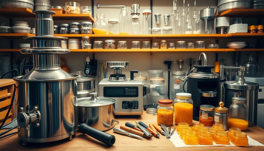 A meticulously arranged workspace featuring an assortment of equipment for processing propolis and beeswax. In the foreground, a stainless steel extractor and a set of beekeeper's tools are neatly displayed. The middle ground showcases a high-powered electric melter, a digital scale, and a series of glass jars and containers. In the background, shelves hold various filters, strainers, and other specialized apparatus. Warm, natural lighting illuminates the scene, creating a professional, laboratory-like atmosphere. The composition emphasizes the precision and care required for successful propolis and wax processing.