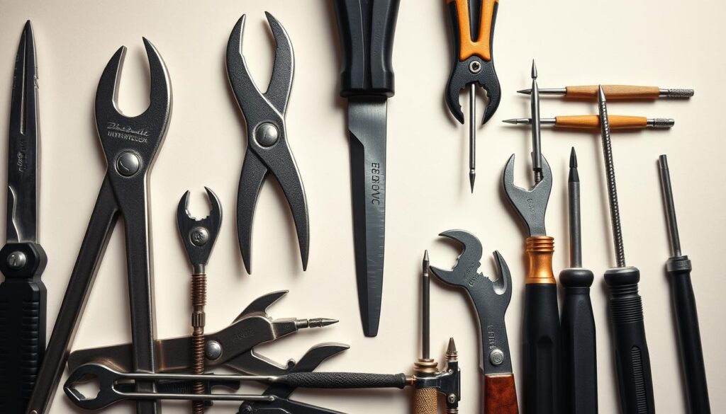 A meticulously detailed image of a set of beekeeping tools, including a variety of specialized wrenches and screwdrivers. The tools are displayed against a clean, neutral background, allowing the intricate design and craftsmanship to take center stage. The lighting is soft and even, creating a sense of clarity and focus. The tools are arranged in a visually appealing, symmetrical layout, highlighting their purpose and functionality. The overall mood is one of professionalism and efficiency, reflecting the importance of these tools in the safe and effective inspection of beehives.