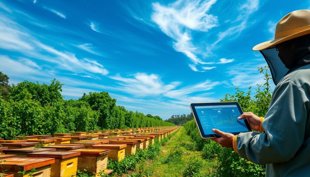 A modern apiary with rows of beehives nestled amidst lush, verdant foliage. Overhead, a vibrant blue sky peppered with wispy clouds. In the foreground, a beekeeper meticulously monitoring their hives using a tablet device, its screen displaying real-time data and analytics from various monitoring applications. The scene evokes a harmonious blend of traditional beekeeping practices and cutting-edge digital technologies, capturing the essence of "Aplicativos de Monitoramento de Colmeias" - applications that transform the modern apiculture industry.