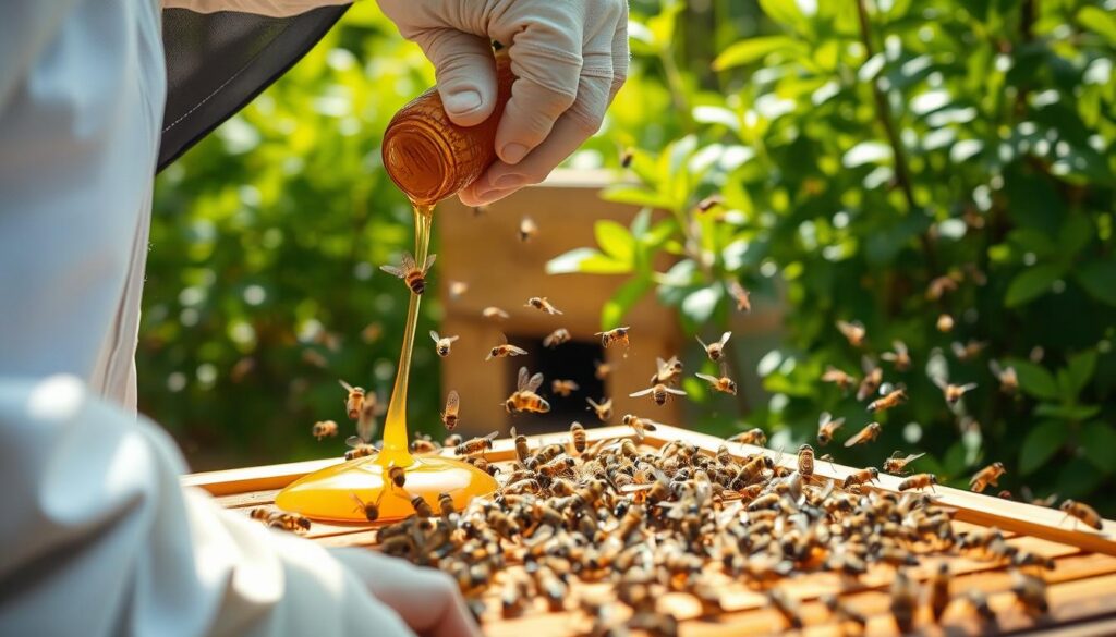 A peaceful apiary, bathed in soft natural light. In the foreground, a beekeeper carefully dispenses a safe, high-quality honey onto a wooden frame, as curious worker bees gather around to feast. The middle ground showcases the hive's entrance, where more bees dart in and out, their flight patterns graceful and purposeful. In the background, lush green foliage frames the scene, creating a sense of harmony between the insects and their environment. The overall atmosphere is one of care, abundance, and the importance of providing bees with the proper, nutritious sustenance they need to thrive.