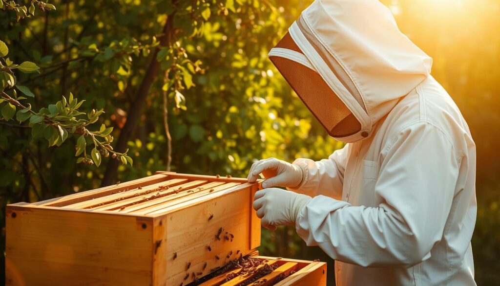 A serene apiary scene showcasing the ideal frequency of hive inspections. A beekeeper, dressed in a protective suit, carefully examines the frames of a well-tended beehive, set against a backdrop of lush, verdant foliage. Warm, diffused sunlight filters through the scene, casting a soft, golden glow. The beekeeper's movements are deliberate and methodical, reflecting the balance between necessary monitoring and minimizing disturbance to the colony. The hive's exterior is clean and well-maintained, with healthy bee activity visible around the entrance. This image conveys the importance of establishing a consistent, optimal inspection schedule to ensure the well-being of the colony while respecting its natural rhythms.