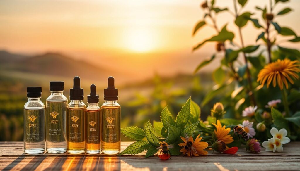 A serene botanical scene featuring an assortment of essential oils for bee protection. In the foreground, delicate glass bottles filled with fragrant oils stand atop a wooden surface, casting soft shadows. The middle ground showcases lush green leaves and petals of various native flowers, hinting at the natural ingredients within the oils. In the background, a blurred landscape of rolling hills and a golden sunset sky creates a tranquil, pastoral atmosphere. Warm, diffused lighting bathes the scene, highlighting the natural textures and tones. The composition emphasizes the harmony between the essential oils and the thriving plant life that supports healthy bee populations.