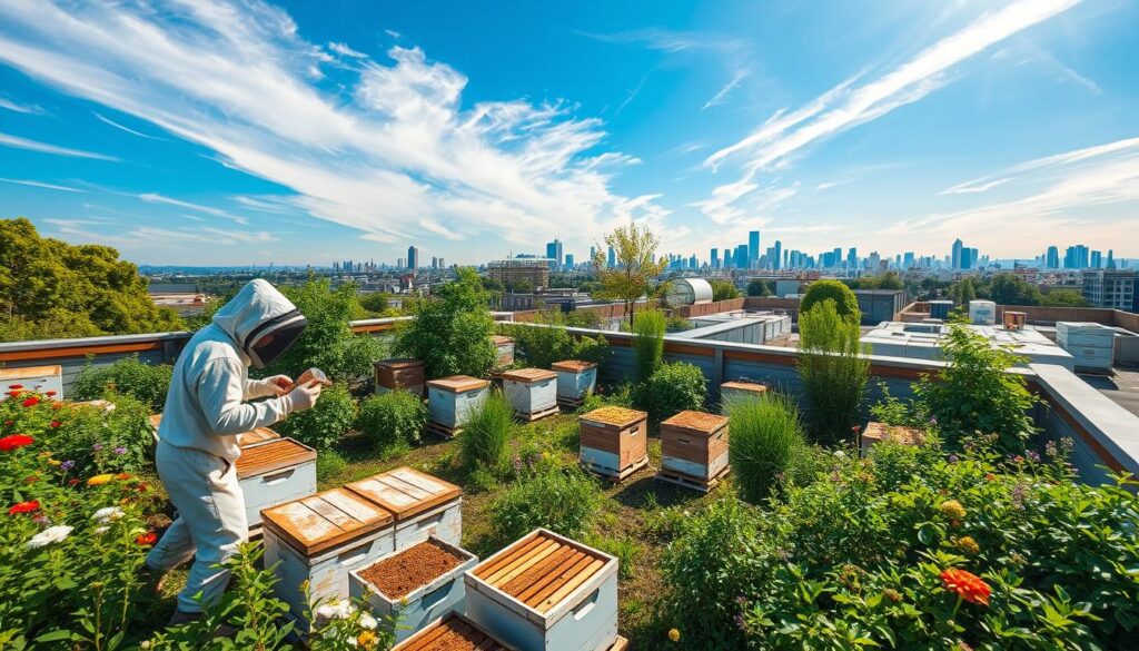 A serene urban rooftop garden, lush with thriving beehives nestled amidst a vibrant array of flowers and greenery. Sunlight streams through wispy clouds, casting a warm glow over the scene. In the foreground, a beekeeper in protective gear tends to the hives, their movements calm and attentive. The middle ground reveals a well-maintained apiary, with hives arranged in an organized layout. In the background, the cityscape rises, a harmonious blend of modern architecture and verdant spaces. The overall atmosphere conveys a sense of balance, where the coexistence of urban life and sustainable beekeeping practices creates a picturesque and secure environment.