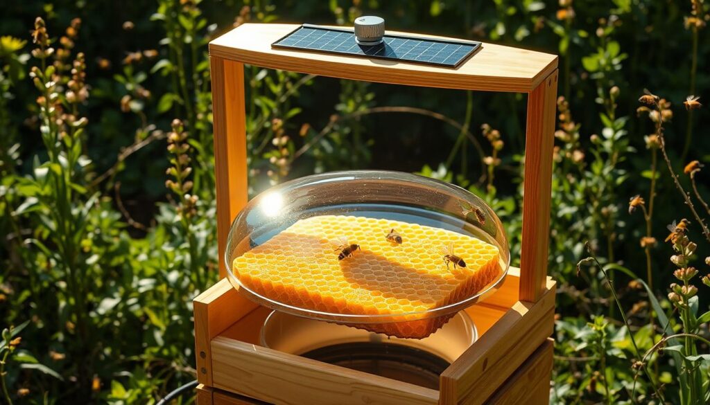 A solar-powered beeswax extractor stands in a sun-drenched garden, its sleek, wooden frame catching the warm rays. Beneath a transparent glass dome, honeycombs arranged in neat rows await the gentle heat that will slowly melt the precious wax, channeling it into a collection vessel below. Surrounding the device, lush vegetation and buzzing bees create a serene, naturalistic scene, reflecting the harmony between technology and the hive's bounty. The extractor's design elegantly blends form and function, capturing the essence of this traditional technique for harvesting beeswax using the power of the sun.