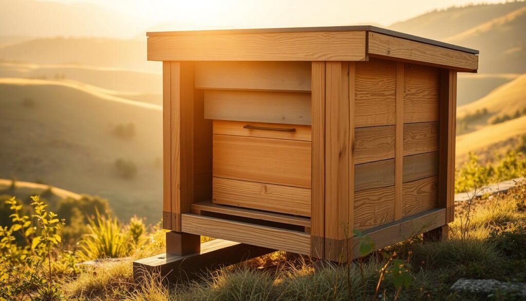 A sturdy wooden beehive enclosure, its panels strategically angled to deflect gusts of wind. The structure is positioned atop a small hill, nestled among rolling hills and lush vegetation, creating a natural windbreak. Warm afternoon sunlight filters through the gaps, casting a golden glow over the scene. The hive's entrance is partially sheltered, ensuring the bees' safe passage in and out, even on blustery days. The design seamlessly blends function and form, striking a balance between practicality and aesthetic harmony with the surrounding landscape.