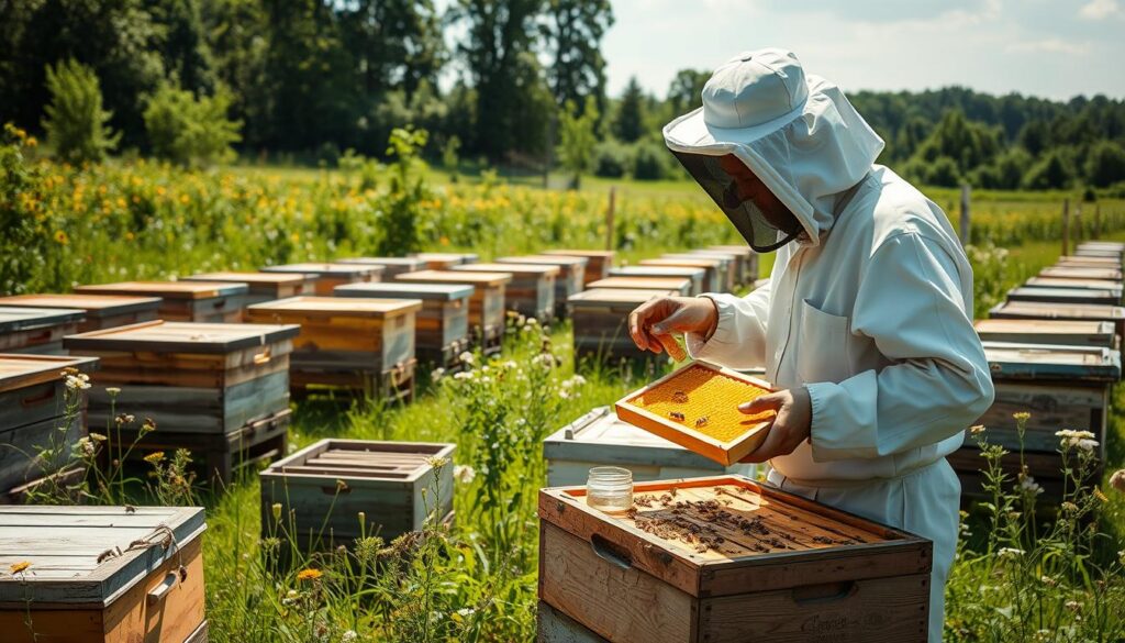 A sun-dappled apiary, bees busily pollinating wildflowers in a lush meadow. In the foreground, a beekeeper carefully inspects a honeycomb, dressed in a crisp white suit and veil. Beside them, an array of beekeeping tools - smokers, frames, and jars waiting to be filled with the golden nectar. The middle ground reveals rows of traditional wooden hives, their weathered exteriors blending seamlessly with the verdant landscape. In the background, a distant forest canopy frames the scene, casting soft, natural illumination across the serene tableau. This image evokes the harmony between man, nature, and the industrious honeybee, capturing the reverent preparation for a bountiful, sustainable honey harvest. A sun-dappled apiary, bees busily pollinating wildflowers in a lush meadow. In the foreground, a beekeeper carefully inspects a honeycomb, dressed in a crisp white suit and veil. Beside them, an array of beekeeping tools - smokers, frames, and jars waiting to be filled with the golden nectar. The middle ground reveals rows of traditional wooden hives, their weathered exteriors blending seamlessly with the verdant landscape. In the background, a distant forest canopy frames the scene, casting soft, natural illumination across the serene tableau. This image evokes the harmony between man, nature, and the industrious honeybee, capturing the reverent preparation for a bountiful, sustainable honey harvest.