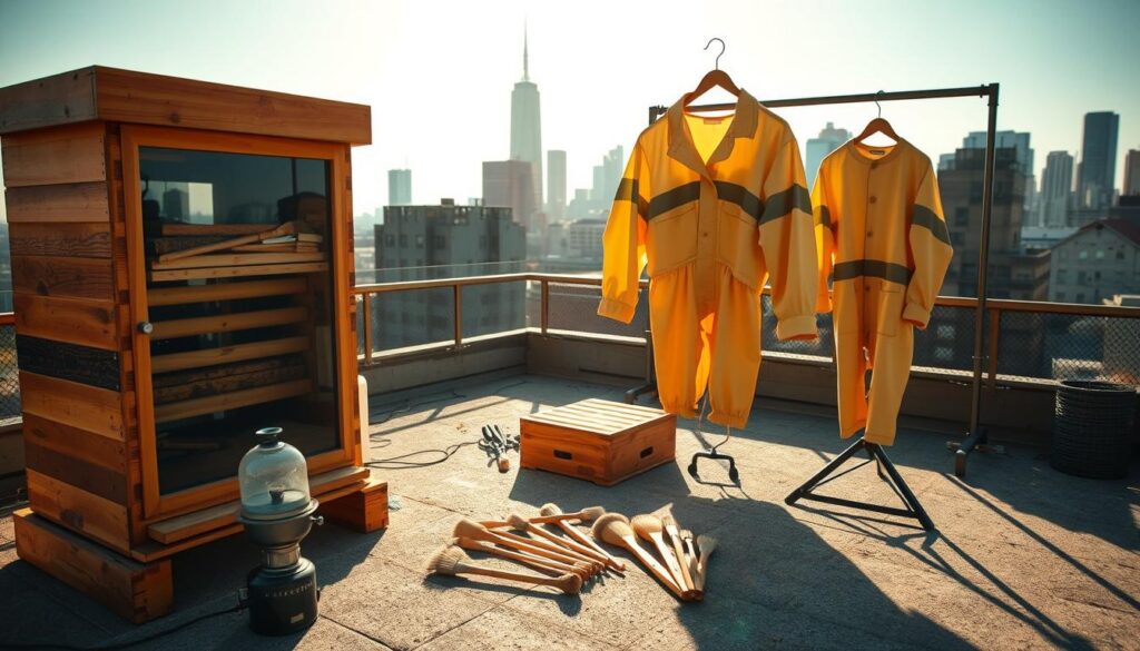 A sun-drenched urban rooftop, featuring an array of apiculture equipment. In the foreground, a wooden beehive stands proudly, its frames visible through the glass panels. Nearby, a smoker and a set of brushes for gentle bee handling lay neatly arranged. In the middle ground, a beekeeper's suit hangs from a rack, its yellow and black stripes evoking the busy insects. The background showcases the city skyline, hinting at the unique challenges and rewards of urban beekeeping. The scene is illuminated by a warm, golden light, capturing the harmonious coexistence of technology and nature.