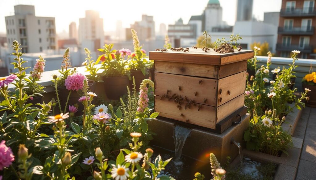 A tranquil urban rooftop garden, bathed in warm sunlight, serves as the backdrop for a thriving beehive. The hive is nestled amidst a lush array of flowering plants and herbs, providing a diverse nectar source for the industrious bees. A small water feature gently cascades, offering the colony a reliable supply of hydration. The scene conveys a harmonious coexistence between the natural world and the urban environment, highlighting the essential environmental requirements for successful urban beekeeping.