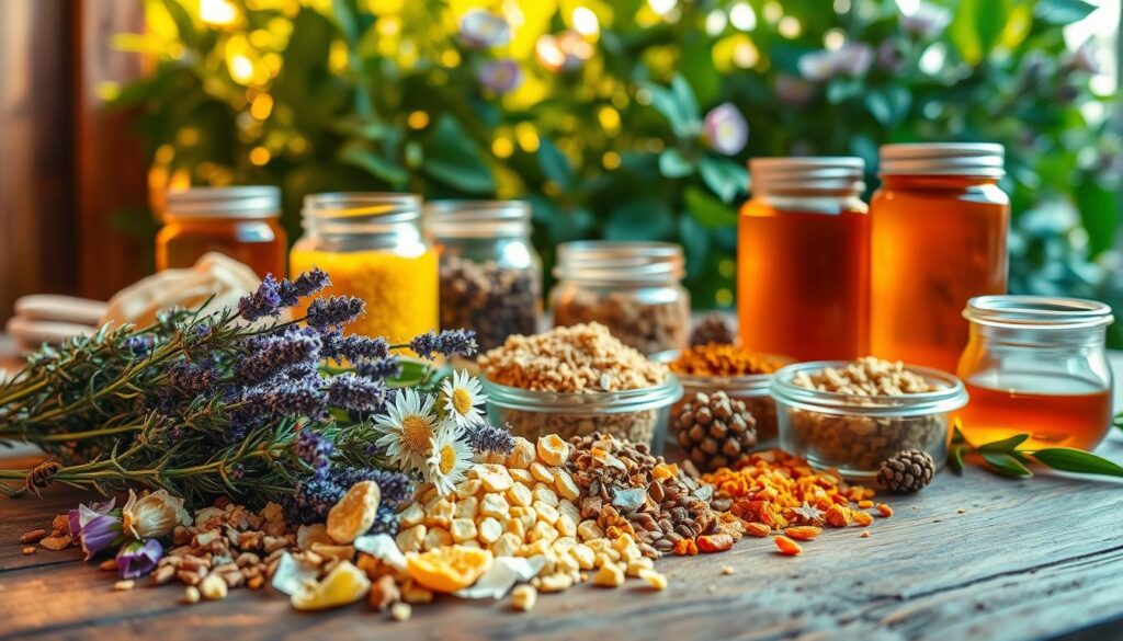 A vibrant, close-up photograph of a variety of natural, pollen-rich ingredients laid out on a rustic wooden table, illuminated by warm, natural lighting. In the foreground, a selection of dried flowers, herbs, and spices such as rosemary, lavender, and chamomile. In the middle ground, jars filled with honey, pollen, and nectar-rich syrups. In the background, a lush, green foliage backdrop, creating a sense of a thriving, bee-friendly garden. The overall composition and color palette convey a sense of nourishment, vitality, and the importance of providing a stimulating, supplementary diet for hardworking honeybees.