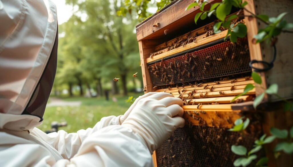 An urban beehive surrounded by lush greenery, with a beekeeper tending to the hive using proper protective equipment. The foreground shows the beekeeper meticulously inspecting the frames, their hands delicately manipulating the honeycomb. The middle ground captures the intricate details of the hive, with worker bees busily flying in and out. The background depicts a verdant city park, with tall trees and flowering plants, creating a serene and natural setting. Soft, warm lighting illuminates the scene, conveying a sense of care and stewardship for the urban bees. The overall atmosphere is one of diligence, harmony, and environmental responsibility. An urban beehive surrounded by lush greenery, with a beekeeper tending to the hive using proper protective equipment. The foreground shows the beekeeper meticulously inspecting the frames, their hands delicately manipulating the honeycomb. The middle ground captures the intricate details of the hive, with worker bees busily flying in and out. The background depicts a verdant city park, with tall trees and flowering plants, creating a serene and natural setting. Soft, warm lighting illuminates the scene, conveying a sense of care and stewardship for the urban bees. The overall atmosphere is one of diligence, harmony, and environmental responsibility.