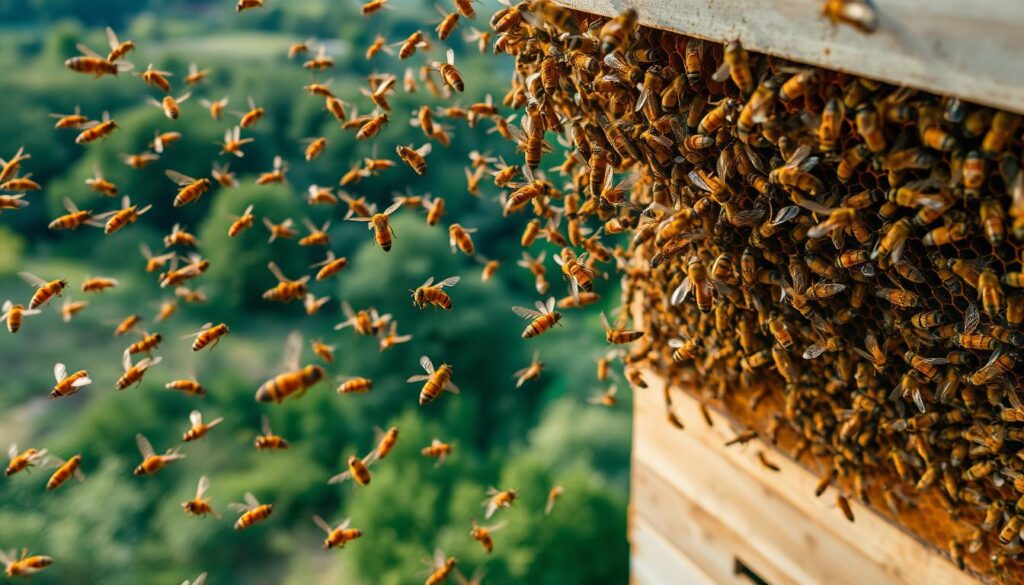 Detailed aerial view of a honey bee colony in flight, showcasing the intricate patterns and synchronized movements of the bees. The foreground depicts a swarm of bees gracefully navigating through the air, their wings a blur of activity. The middle ground reveals the hive structure, a complex geometric design, while the background features a lush, verdant landscape, providing the ideal natural habitat for the colony. Soft, warm lighting illuminates the scene, casting a gentle glow and highlighting the delicate beauty of the bees in motion. The composition emphasizes the efficient and harmonious behavior of the hive, conveying the optimal conditions required for a thriving bee population.