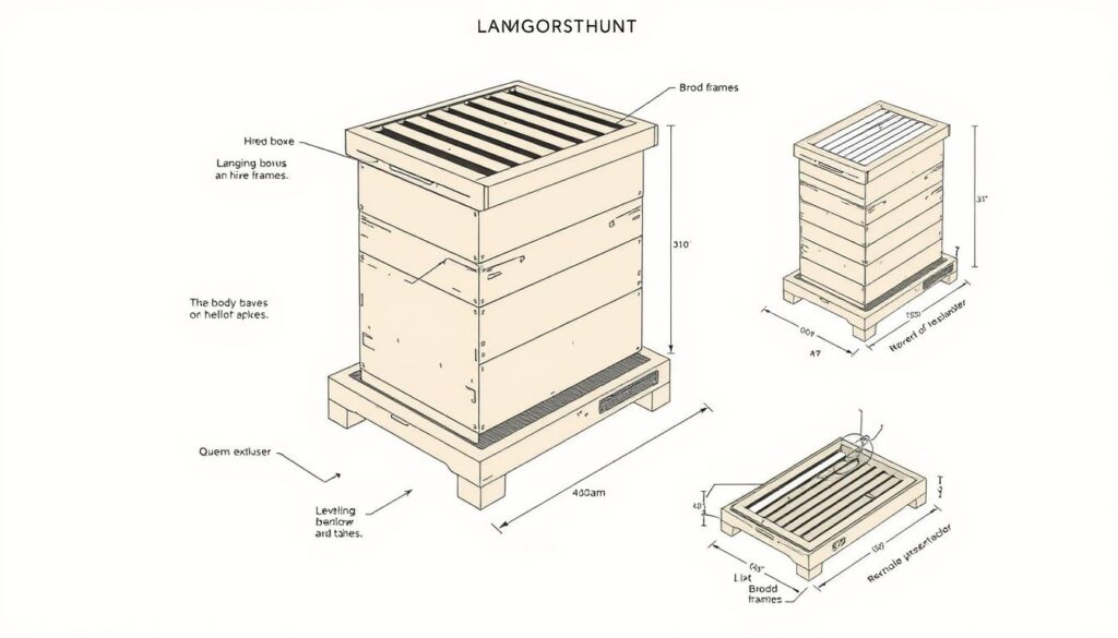 Detailed diagram of a Langstroth beehive, showcasing its key components. A sophisticated, technical illustration with precise measurements and engineering-style rendering. The hive body, frames, brood boxes, and queen excluder are meticulously depicted from multiple angles, capturing the intricate mechanics and functionality of this essential beekeeper's tool. The image conveys a sense of precision, craftsmanship, and practical utility, suitable for guiding the assembly and leveling of a beehive to ensure optimal honey production and colony health.