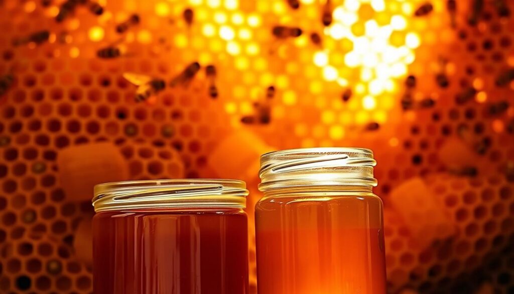 Sealed honey pots nestled within a lush, golden honeycomb. A warm, natural light bathes the scene, casting a soft glow over the freshly harvested honey. The honeycomb's intricate patterns and textures are captured in fine detail, hinting at the care and labor required to produce this pure, artisanal delight. In the foreground, the sealed honey pots stand as a testament to the bees' hard work, their smooth, glistening surfaces inviting the viewer to savor the rich, floral notes of the honey within. The overall composition evokes a sense of tranquility and the harmony between nature and human stewardship, perfectly capturing the "Sinais Visuais que Indicam Mel Pronto para Colheita" within the article.